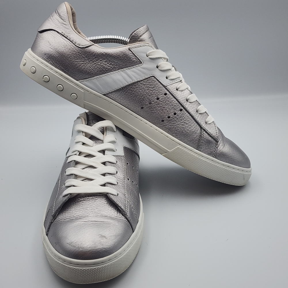 Tod's Metallic Silver and White Leather Sneakers